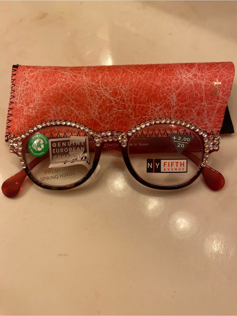 Women's Tortoise Brown + Red Crystal Round 2.0 Reading Glasses.